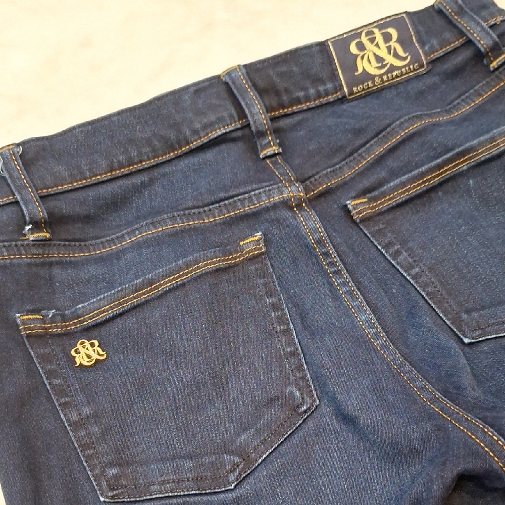 Rock & Republic Kendra Curvy Bootcut Indigo Denim Gold Stretch Sz 10M Boho Chic